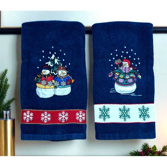 2 VTG Christmas Snowman Hand Towel Embroidered Snowflakes Tree Holiday Decor JCP - Picture 1 of 13